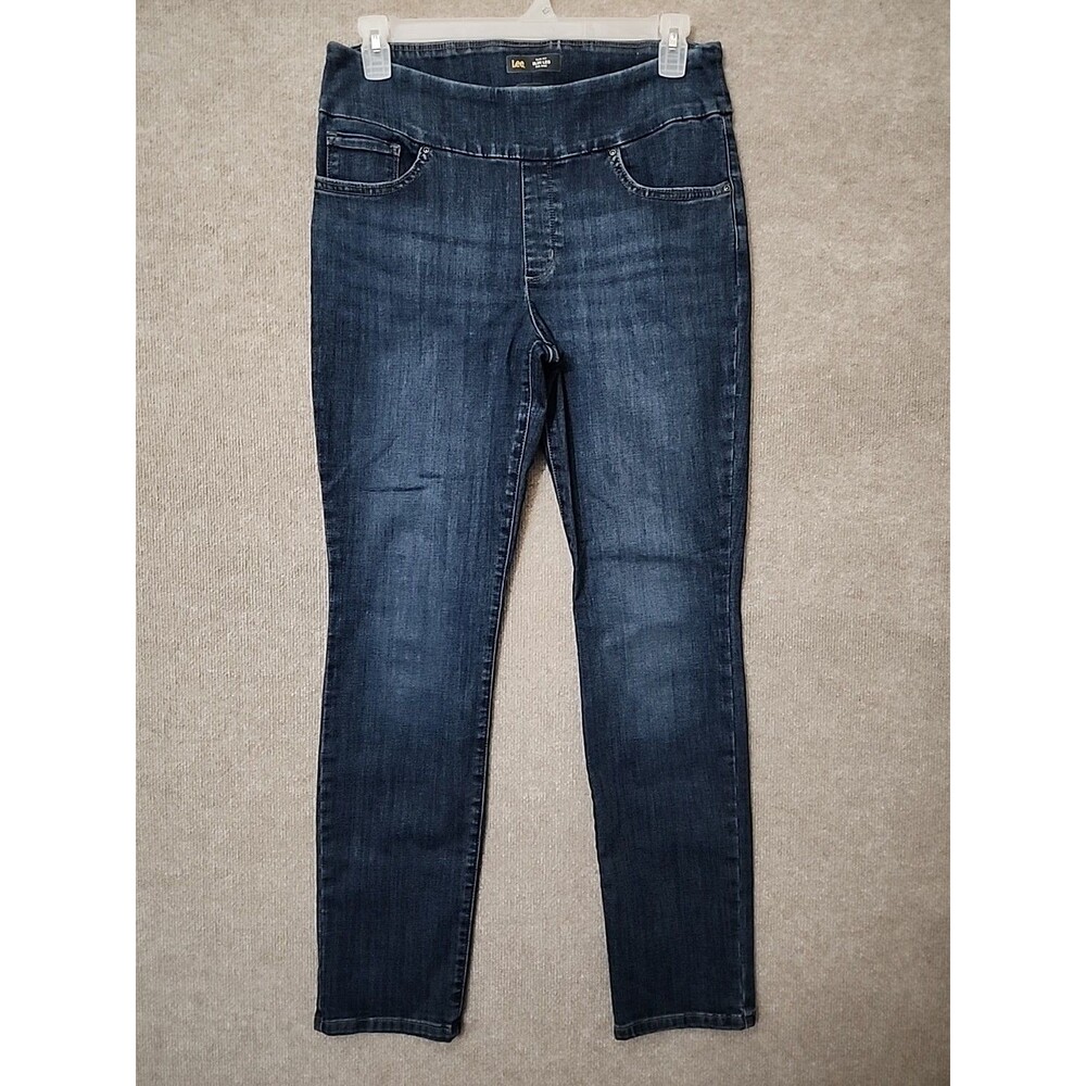 Lee Sculpting Mid Rise Slim Fit Pull On Jeans Womens 14 Long Blue Slim Leg